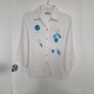 White and Blue Embroidered Women's Blouse